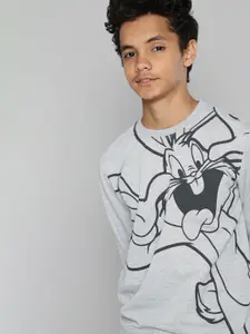 Kook N Keech Looney Tunes Teens Boys Grey Melange & Black Bugs Bunny Printed Sweatshirt