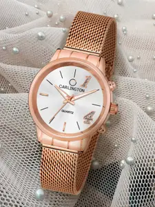 CARLINGTON Women Silver-Toned Dial & Rose Gold Toned Stainless Steel Bracelet Style Straps Analogue Watch