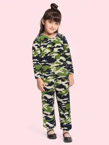CrayonFlakes Girls Green Printed T-shirt with Trousers