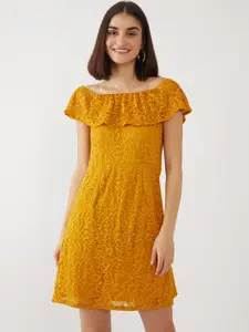 Zink London Yellow Self Design Fit & Flare Dress
