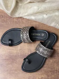 Vishudh Women Black One Toe Ethnic Embellished Flats