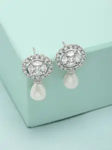 AMI Silver-Toned Cubic Zirconia Studded Drop Earrings
