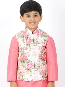 VASTRAMAY Boys White & Pink Digital Floral Printed Slim-Fit Woven Nehru Jacket