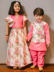 VASTRAMAY Boys Floral Nehru Jacket With Solid Kurta and Pyjama Set