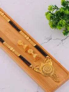 Brandsoon Gold-Plated Black & Red Beaded Long Mangalsutra With Earring Set