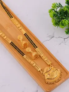 Brandsoon Gold-Plated & Black Beaded Mangalsutra With Earrings