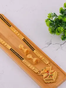 Brandsoon Gold-Plated & Black Beaded Mangalsutra With Earrings