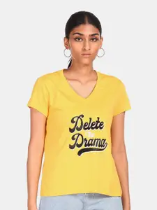 Flying Machine Women Yellow Typography Printed V-Neck Raw Edge T-shirt