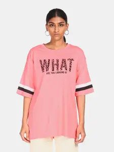 Flying Machine Women Pink Printed Longline T-shirt