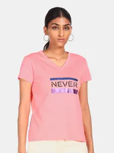 Flying Machine Women Pink Typography V-Neck T-shirt