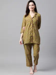 Meeranshi Women Olive Green & Red Pure Cotton Printed Nightsuit
