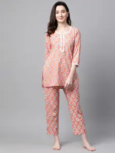 Meeranshi Women Peach-Coloured & Off White Pure Cotton Printed Nightsuit