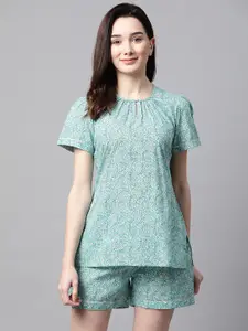 Meeranshi Women Sea Green Pure Cotton Printed Nightsuit