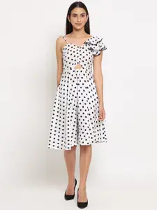 MARC LOUIS White & Black Polka Dots Crepe Fit and Flare Dress