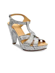 Eske Women Silver-Toned & White Textured Leather Platform Heels