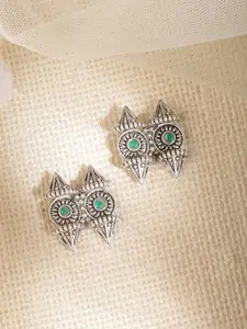Rubans Oxidised Silver-Plated Green Stone Handcrafted Tribal Stud Earrings