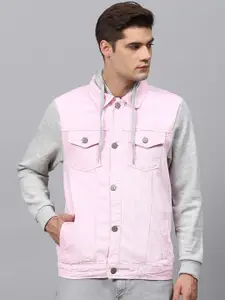 Campus Sutra Men Pink Colourblocked Windcheater Cotton Denim Jacket