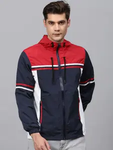 Campus Sutra Men Blue & Red Colourblocked Windcheater Outdoor Sporty Jacket
