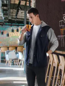 Campus Sutra Men Navy Blue Colourblocked Windcheater Outdoor Tailored Jacket