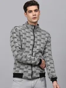 Campus Sutra Men Grey Geometric Checked Windcheater Bomber Jacket