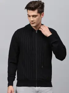 Campus Sutra Men Black Striped Hooded Sweatshirt