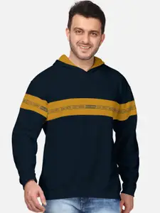 BULLMER Men Navy Blue Colourblocked Fleece Hooded Sweatshirt