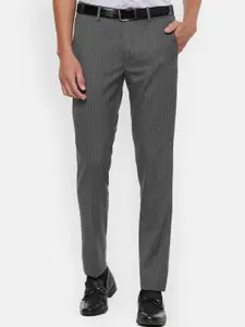 Louis Philippe Men Grey Striped Slim Fit Formal Trousers