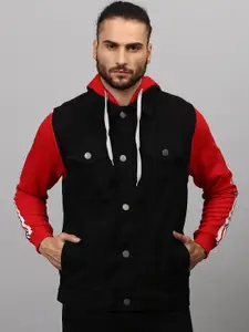 Campus Sutra Men Black Windcheater Outdoor Denim Jacket with Patchwork