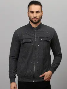 Campus Sutra Men Charcoal Geometric Windcheater Outdoor Bomber with Patchwork Jacket
