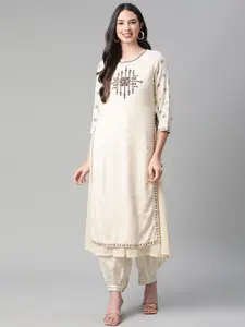 Rangriti Women Off White Ethnic Motif Yoke Design Layered Kurta