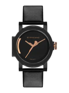 GIORDANO Men Black Brass Printed Dial & Black Leather Straps Analogue Watch GD-4063-01