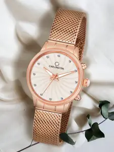 CARLINGTON Women Cream-Coloured Dial & Rose Gold Toned Straps Analogue Watch CT2017
