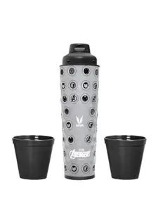 Vaya Grey & Black Printed Stainless Steel Water Bottle With 2 Cups