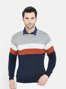 Duke Men Grey Melange & Navy Blue Striped Pullover Sweater