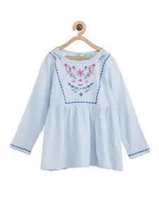 Miyo Girls Blue Floral Embroidered Regular Top