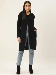 BROOWL Women Black Hooded Longline Pullover