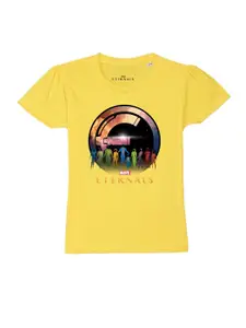 Marvel by Wear Your Mind Girls Yellow Printed Pure Cotton T-shirt