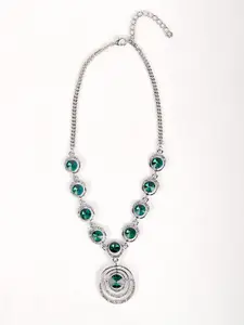 ODETTE Silver-Toned & Green Rhinestones  Necklace