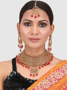 PENNY JEWELS Women Red Gold-Plated Choker with Designer Jhumka Earring and Maangtika