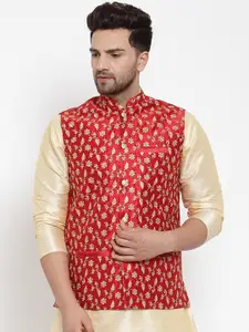KRAFT INDIA Men Red & Gold-Coloured Woven Embroidered Nehrujacket