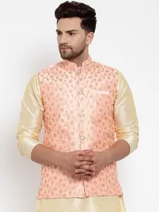 KRAFT INDIA Men Peach-Coloured & Gold-Coloured Woven Embroidered Nehrujacket