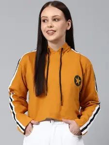 Campus Sutra Women Yellow Hooded Cropped Cotton Sweatshirt