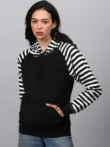 Campus Sutra Women Black Striped Hooded Sweatshirt