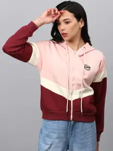 Campus Sutra Women Pink Colourblocked Hooded Sweatshirt