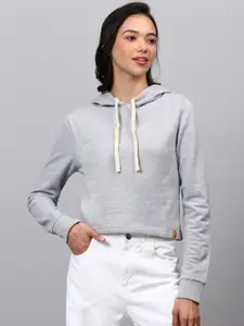 Campus Sutra Women Grey Crop Hooded Sweatshirt