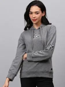 Campus Sutra Women Grey Hooded Cotton Sweatshirt