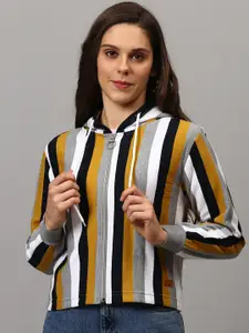 Campus Sutra Women Grey & Mustard Yellow Striped Hooded Cotton Sweatshirt