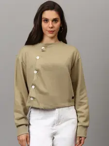 Campus Sutra Women Brown Solid Cropped Sweatshirt