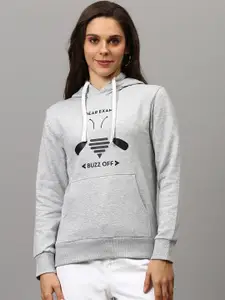 Campus Sutra Women Grey Printed Hooded Sweatshirt