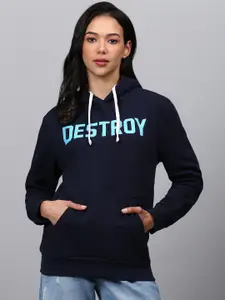 Campus Sutra Women Blue Printed Hooded Sweatshirt